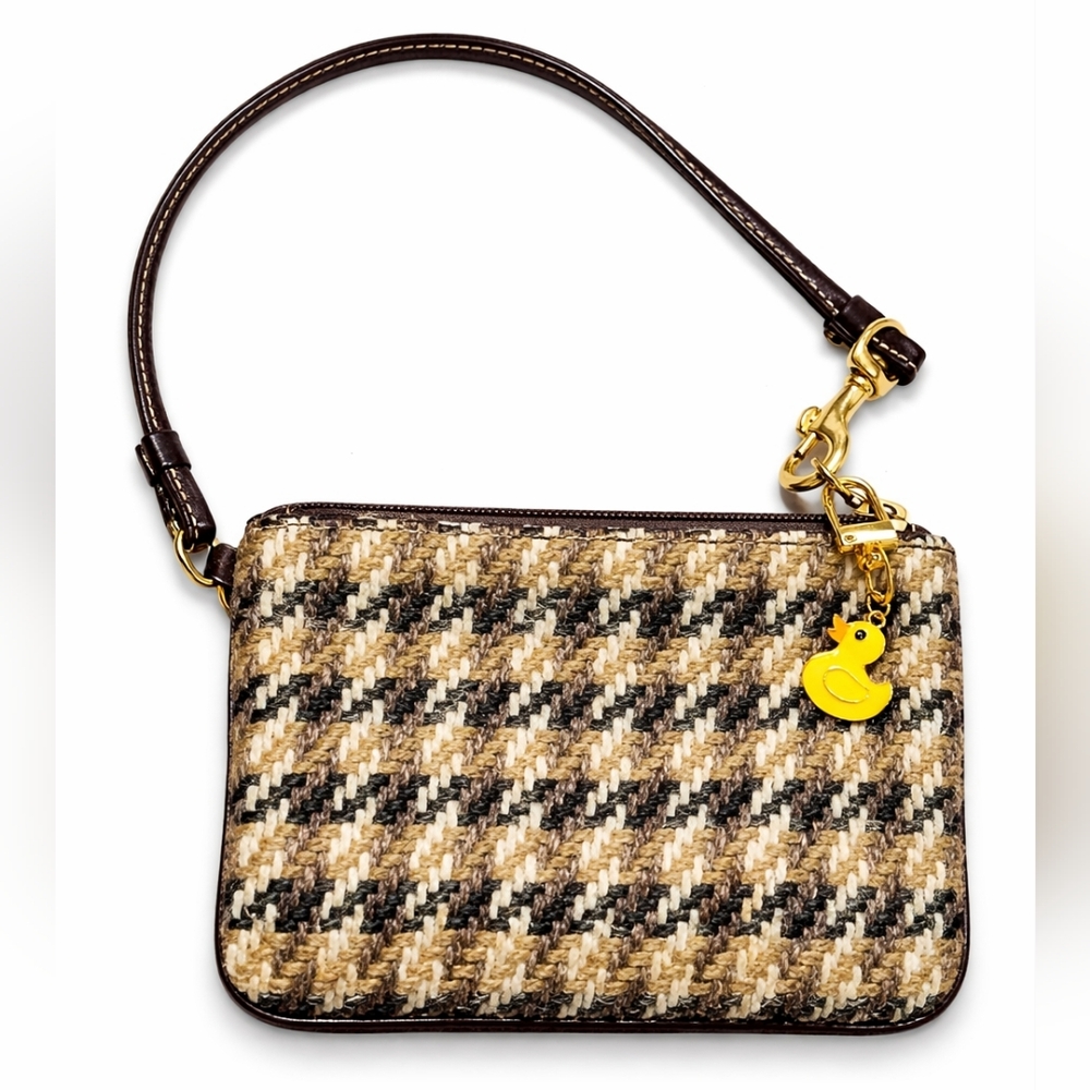 Coach Tweed Houndstooth Wristlet Brown Cream Wool Blend Gold Hardware